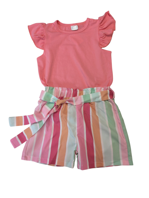 Pink Flutter Sleeve Top and Striped Shorts Set