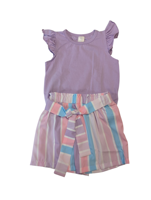 Purple Flutter Sleeve Top and Striped Shorts Set