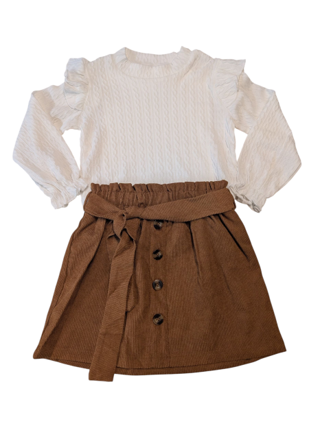 Sweet Ruffled Long Sleeve and Belted Skirt