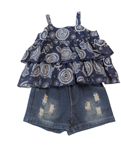 Boho Tank Top and Ripped Denim Blue Short Set