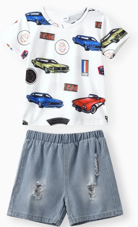 Car T-Shirt and Blue Shorts Set