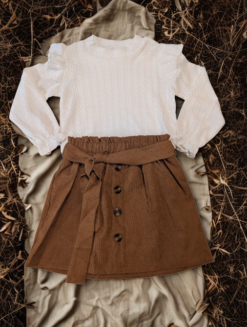 Sweet Ruffled Long Sleeve and Belted Skirt