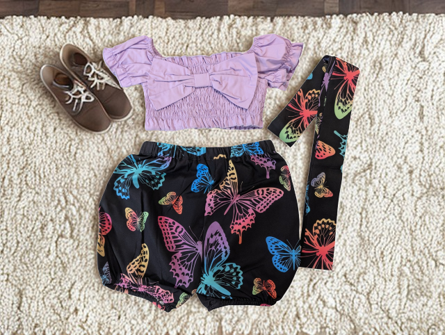 Off Shoulder Bow Top and Butterfly Shorts Set