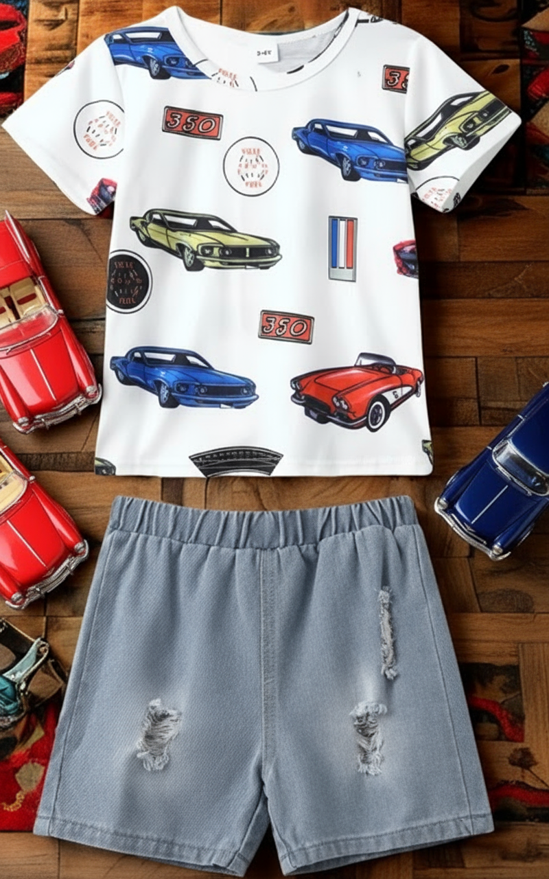 Car T-Shirt and Blue Shorts Set