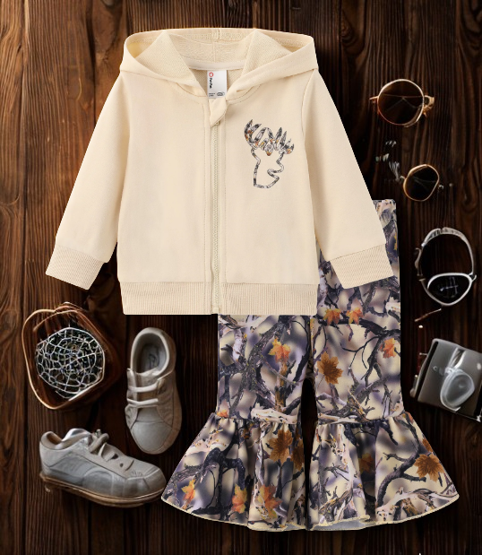 Hooded Long Sleeve and Flared Camo Pant Set