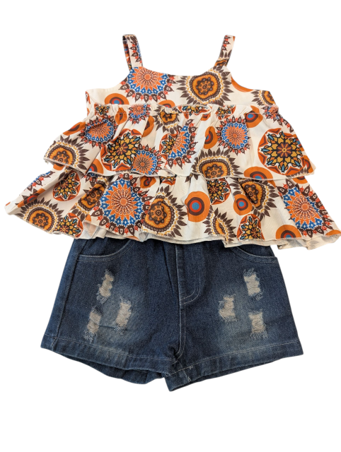 Boho Top and Ripped Denim Shorts Set Orange