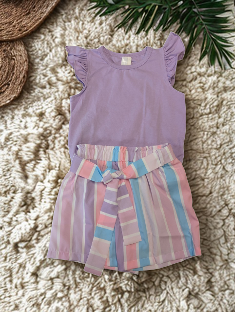 Purple Flutter Sleeve Top and Striped Shorts Set
