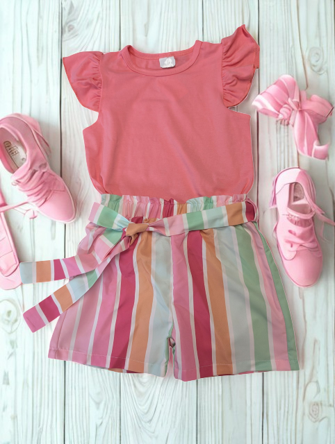 Pink Flutter Sleeve Top and Striped Shorts Set