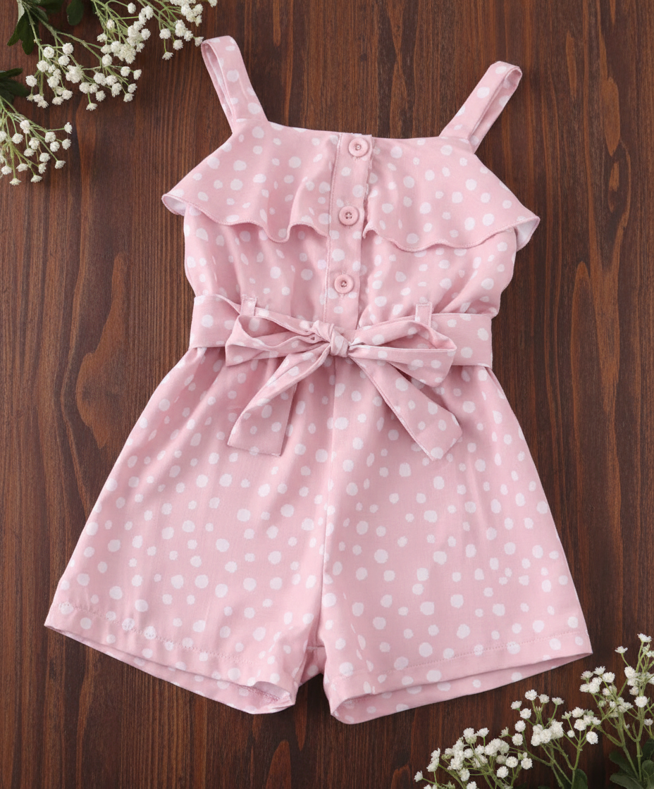 Pink polka dot romper with a bow on a white background