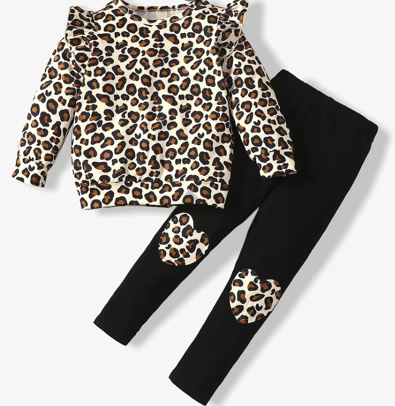 Leopard Print Heart Long Sleeve and Pant Set Brown