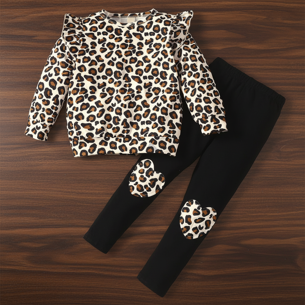 Leopard Print Heart Long Sleeve and Pant Set Brown