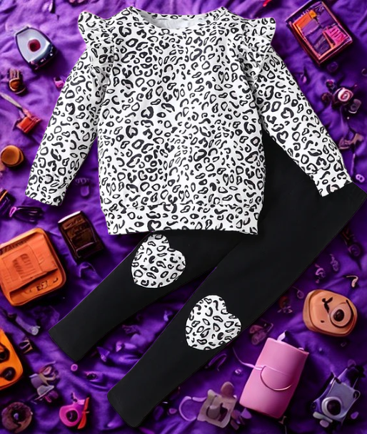 Leopard Print Heart Long Sleeve and Pant Set