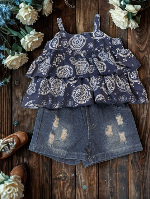 Boho Tank Top and Ripped Denim Blue Short Set