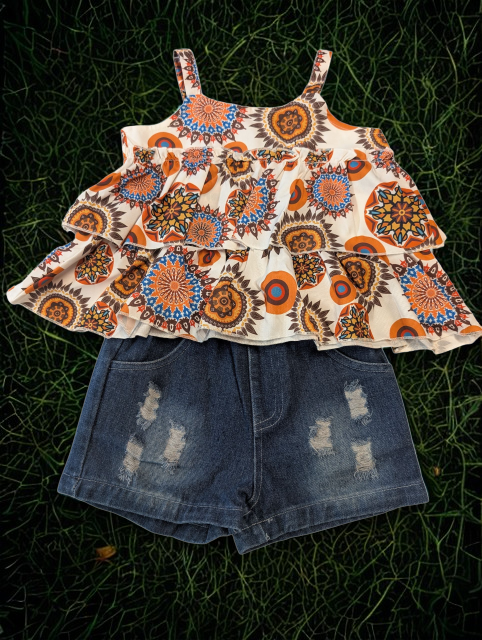 Boho Top and Ripped Denim Shorts Set Orange