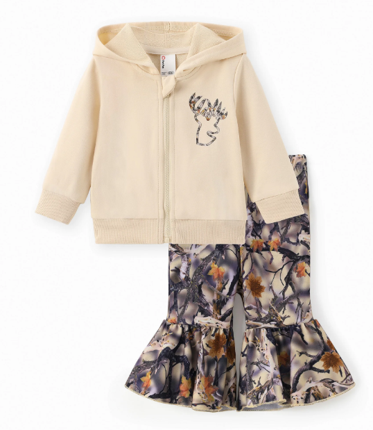 Hooded Long Sleeve and Flared Camo Pant Set